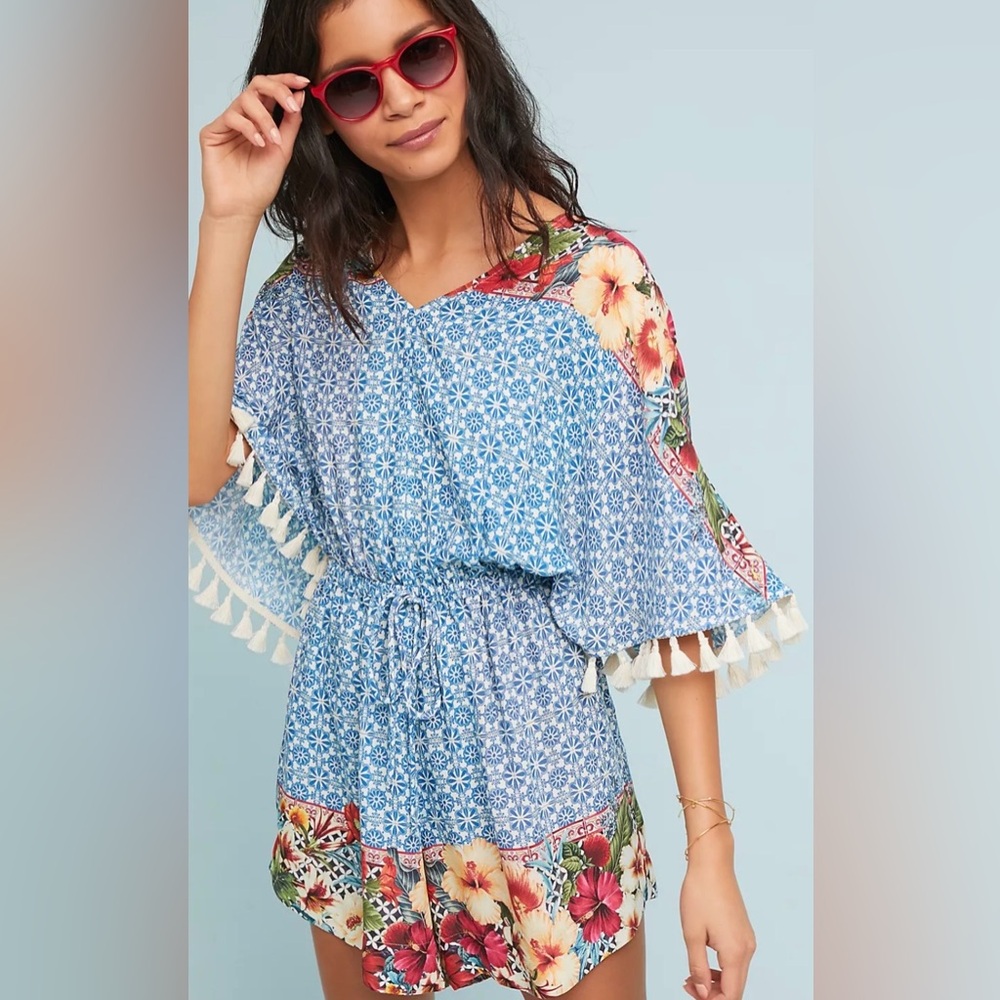 Farm Rio Carmen floral shorts romper, tassels detailed sleeves,  
SZ Medium